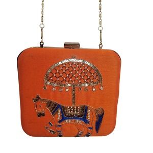 Orange Satin Embroidered Horse Box Clutch Bag Sequin Bead Gold Chain Crossbody